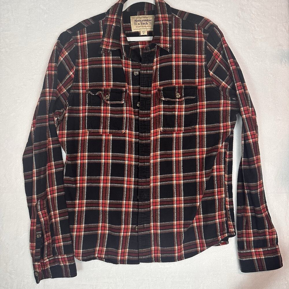 Abercrombie & Fitch Men XL Red Black Plaid Flannel Shirt 2 Pocket Grunge Y2K